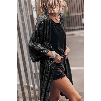 Black Sequin 3/4 Sleeve Open Front Duster Kimono