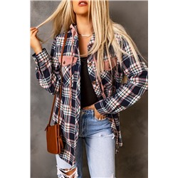 Pink Contrast Hooded Drawstring Plaid Shacket