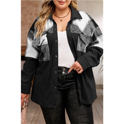 Black Plaid Patchwork Plus Size Corduroy Shacket