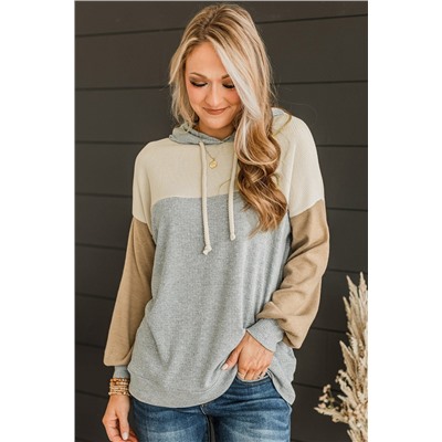 Gray Vintage Ribbed Knit Color Block Hoodie