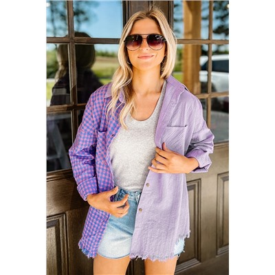 Purple Mixed Plaid Button Down Long Sleeve Chest Pocket Shirt