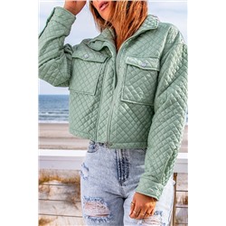 Green Quilted Pocketed Zip-up Cropped Jacket