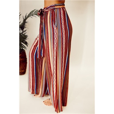 Red Boho Ethnic Striped Print Tie Waist Wide Leg Pants