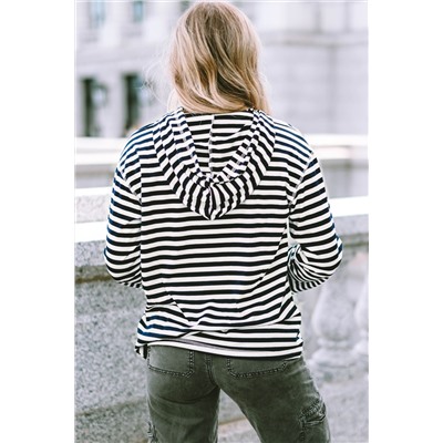 Stripe Kangaroo Pocket Drawstring Hoodie