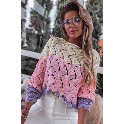 Розовый свитер фигурной вязки в стиле колорблок