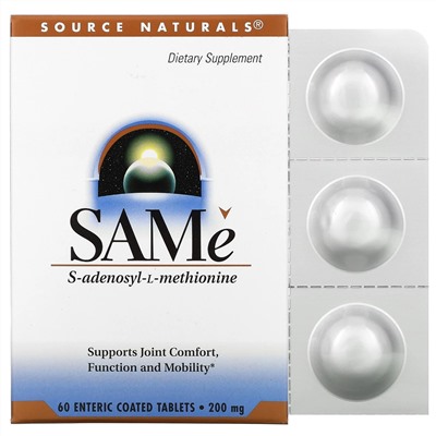 Source Naturals, SAMe, 200 мг, 60 таблеток, покрытых кишечнорастворимой оболочкой