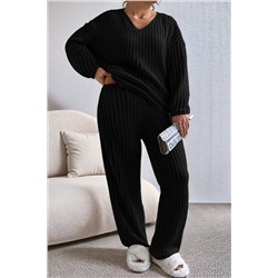 Black Plus Size Ribbed V Neck Pullover and Pants Set