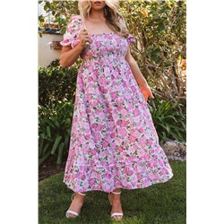 Pink Plus Size Floral Print Smocked Puff Sleeve Dress