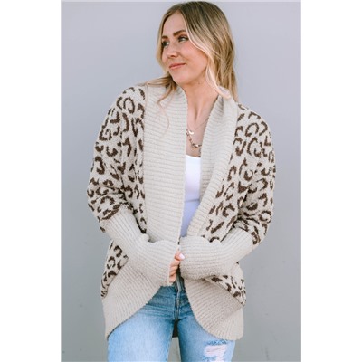 Khaki Fuzzy Leopard Ribbed Trim Lapel Collar Cardigan