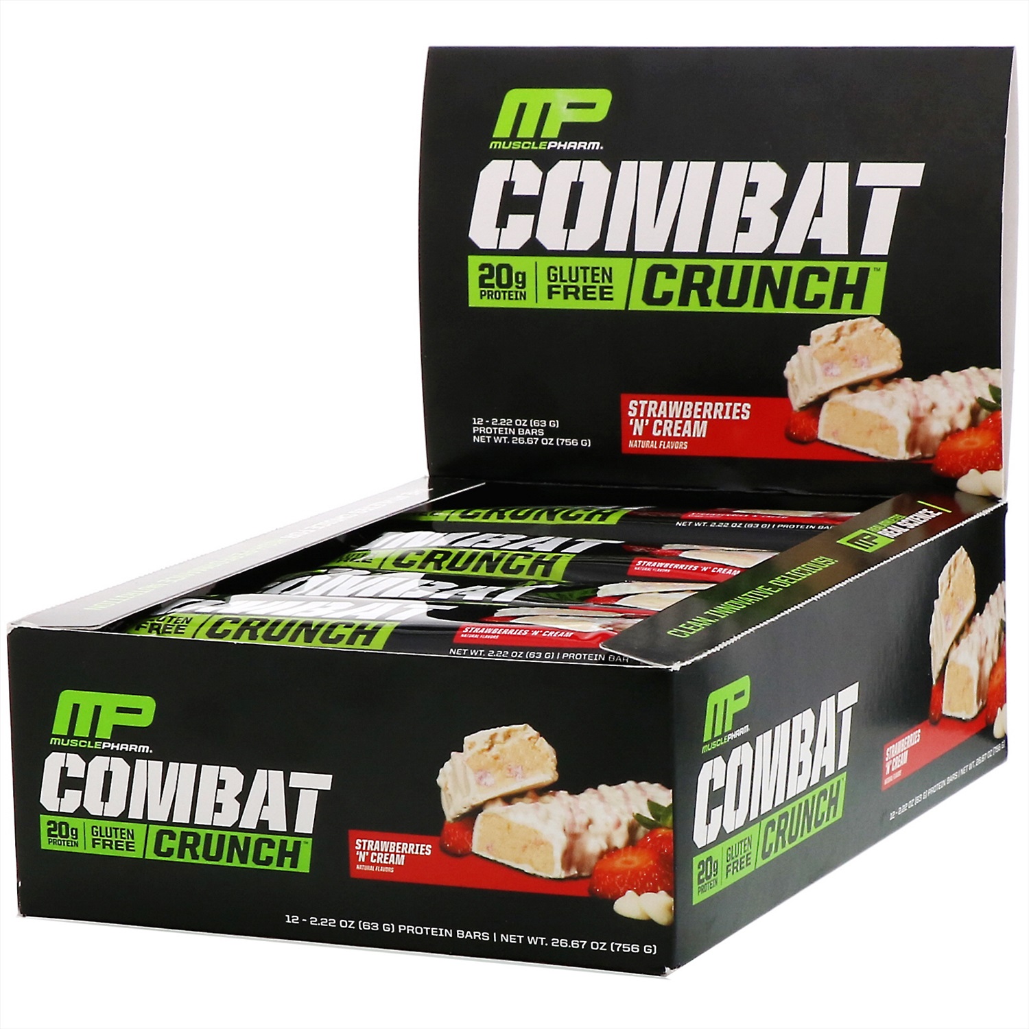 MusclePharm, Combat Crunch, клубника со сливками, 12 батончиков, 63 г (2,22...