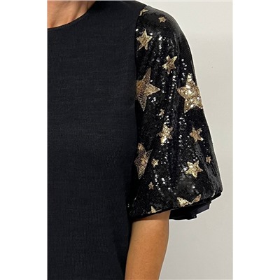 Black Star Sequin Splicing Half Sleeve Top