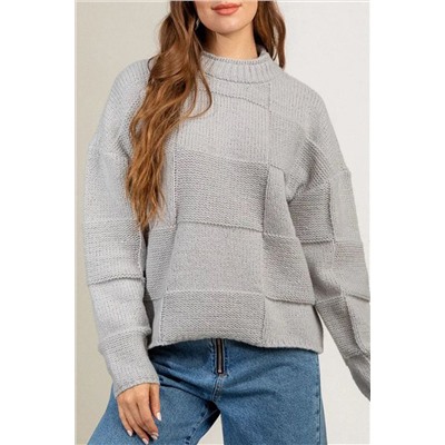 Gray Mock Neck Checkered Textured Sweater