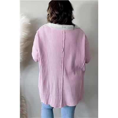 Pink Plus Size Exposed Seam Waffle Knit Top