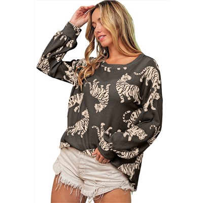 Lively Tiger Print Casual Sweatshirt