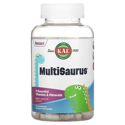 KAL, Dinosaurs, MultiSaurus, витамины и минералы, ягоды, виноград и апельсин, 90 жевательных таблеток