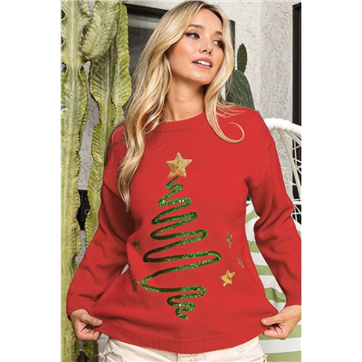 Fiery Red Sequined Christmas Tree Sketch Drop Shoulder Sweater