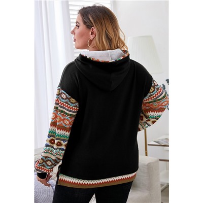 Black Aztec Patchwork Sleeve Waffle Drawstring Plus Hoodie