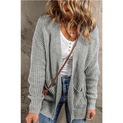 Gray Solid Color Textured Knit Pocket Open Front Cardigan