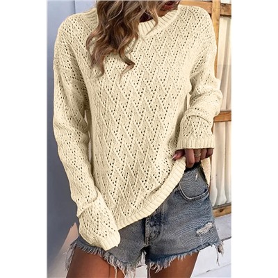 Beige Eyelet Knit Ribbed Trim Sweater