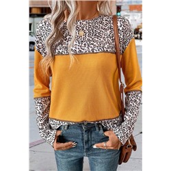 Vitality Orange Leopard Print Waffle Knit Patchwork Top