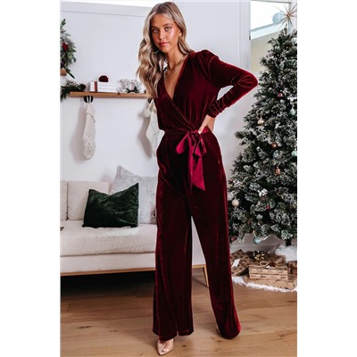 Fiery Red Velvet Pocketed Cut out Back Wide Leg Jumpsuit