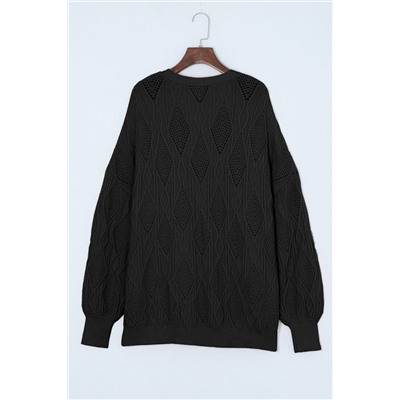 Black Plus Size Knitted Hollow out Button up Cardigan