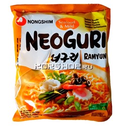 Лапша Неогури среднеострая с морепродуктами Neoguri Seafood Mild (в пачке) Nongshim, Корея 120 г Акция