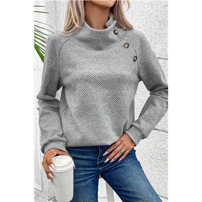 Gray Asymmetric Buttons Detail High Neck Textured Sweatshirt