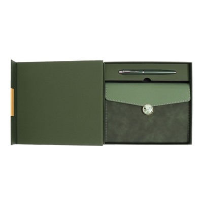 УЦЕНКА Органайзер на кольцах А6+ с клапаном, 80 листов, линейка, кожзам, с ручкой, в подарочной коробке, зеленый