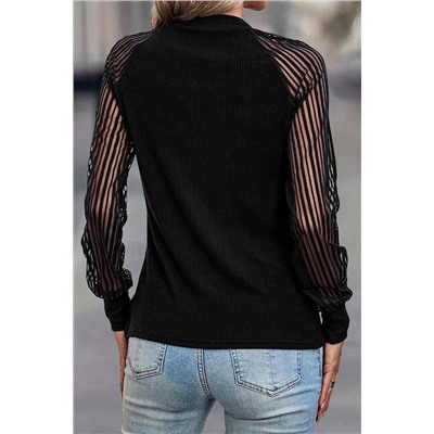 Black Ribbed Knit Sheer Striped Sleeve Plus Size Top