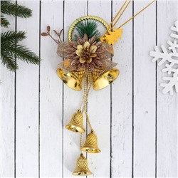 Украшение новогоднее "Колокольчики на кольце с цветком и бантиком" 12х30 см, золото