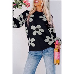 Black Big Flower Knit Ribbed Trim Sweater