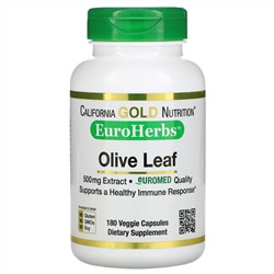 California Gold Nutrition, EuroHerbs, экстракт из листьев оливкового дерева, европейское качество, 500 мг, 180 растительных капсул