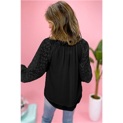 Black Leopard Mesh Bubble Sleeve Split Neck Blouse