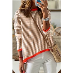 Brown Contrast Trimmed Striped Drop Shoulder Sweater