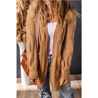 Khaki Ribbed Trim Eyelet Cable Knit Cardigan