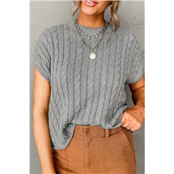 Gray Crew Neck Cable Knit Short Sleeve Sweater