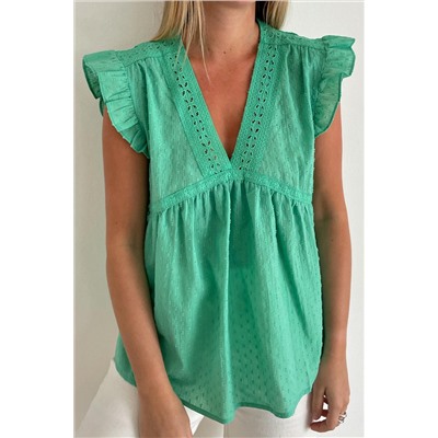 Green Eyelet V Neckline Ruffle Swiss Dot Top