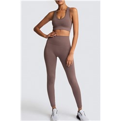 Dark Brown Solid Color Sports Bra and High Waist Leggings Active Set