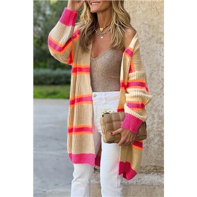Stripe Printed Ribbed Long Knitted Cardigan