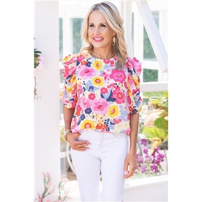 Ruched Puff Sleeve Floral Blouse