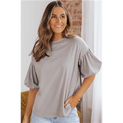 Gray Joint Bubble Sleeve Round Neck Blouse