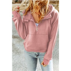 Pink Quarter Zip Kangaroo Pocket Hoodie