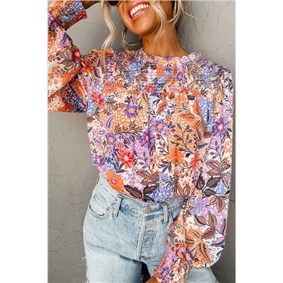 Multicolour Floral Bishop Sleeve Frilled Round Neck Blouse