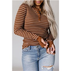 Brown Thumbhole Sleeve Striped Henley Top