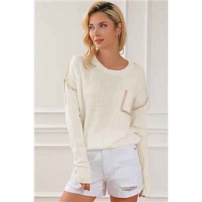 Beige Exposed Stitching Chest Pocket Drop Shoulder Sweater