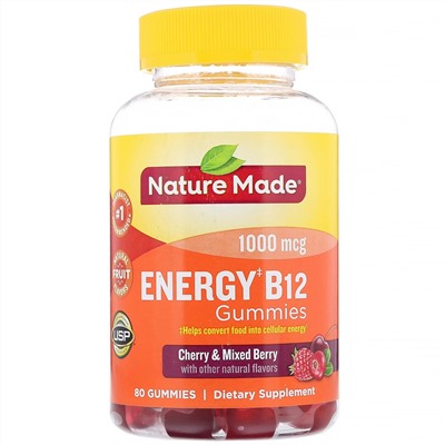 Nature Made, Энергетические жевательные таблетки с витамином B12, вишня и смесь ягод, 1000 мкг, 80 жевательных таблеток