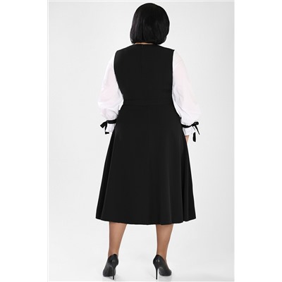 Платье-сарафан черное с белыми длинными рукавами приталенное с поясом