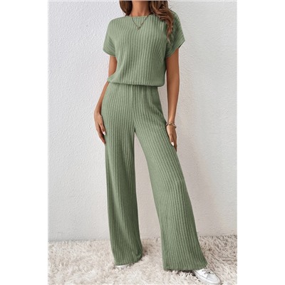 Grass Green Solid Color Ribbed Short Sleeve Wide Leg Jumpsuit