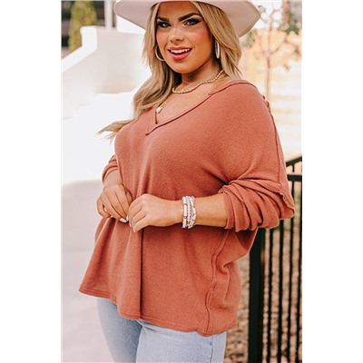 Gold Flame Plus Size Exposed Seam V Neck Long Sleeve Top